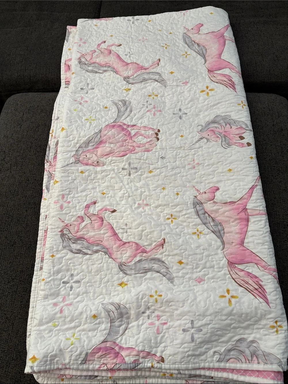 Unbranded White Quilted Kids Bedspread with Pink Unicorns